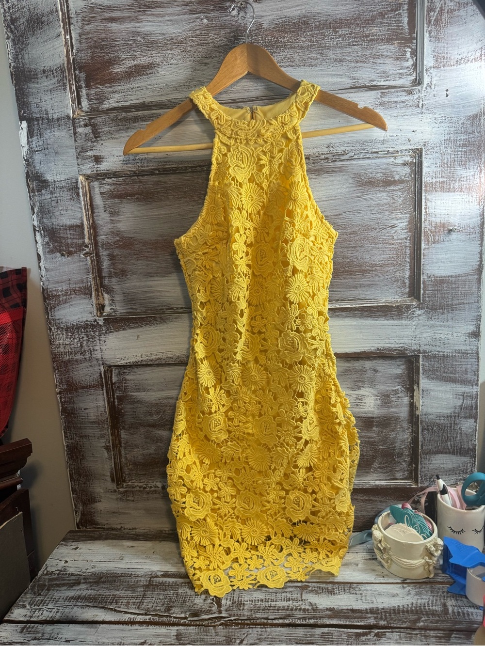 Lulu's Bright Yellow Lace Halter Mini Dress